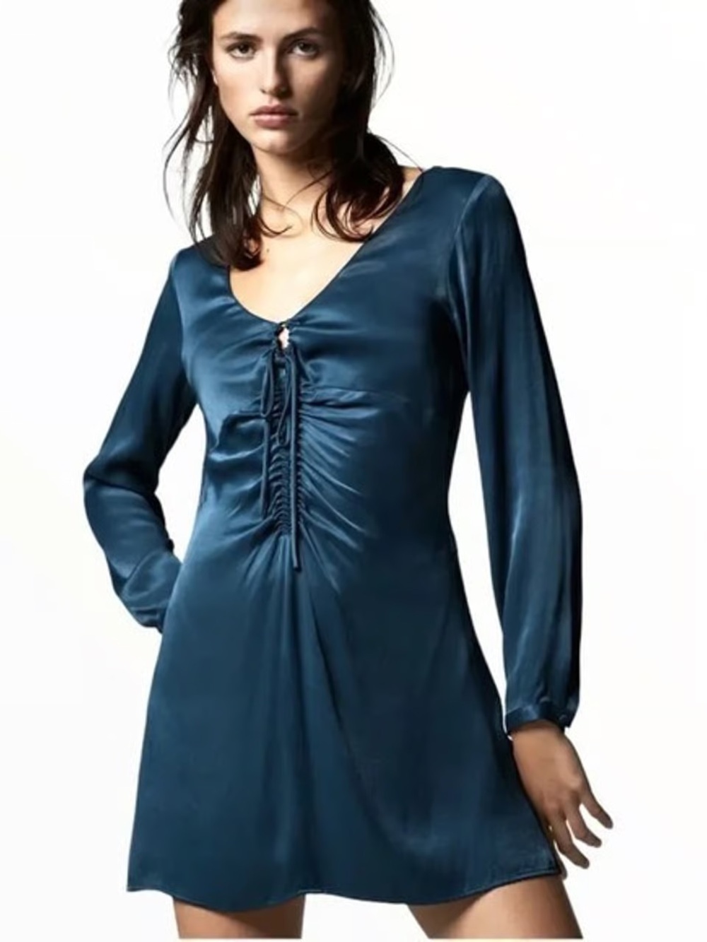 Zara Deep Teal Satin Long Sleeve Mini Dress